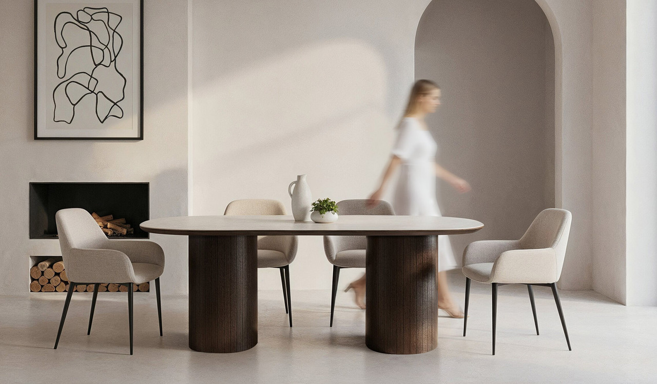 Armano dining table with travertine ceramic top and dark oak panelled base, bold modern timber dining furniture
