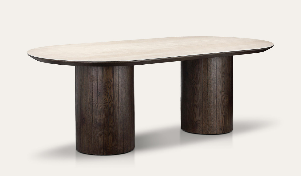 Armano dining table with travertine ceramic top and dark oak panelled base, bold modern timber dining furniture