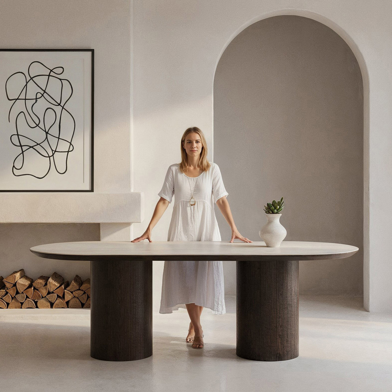 Armano dining table with travertine ceramic top and dark oak panelled base, bold modern timber dining furniture
