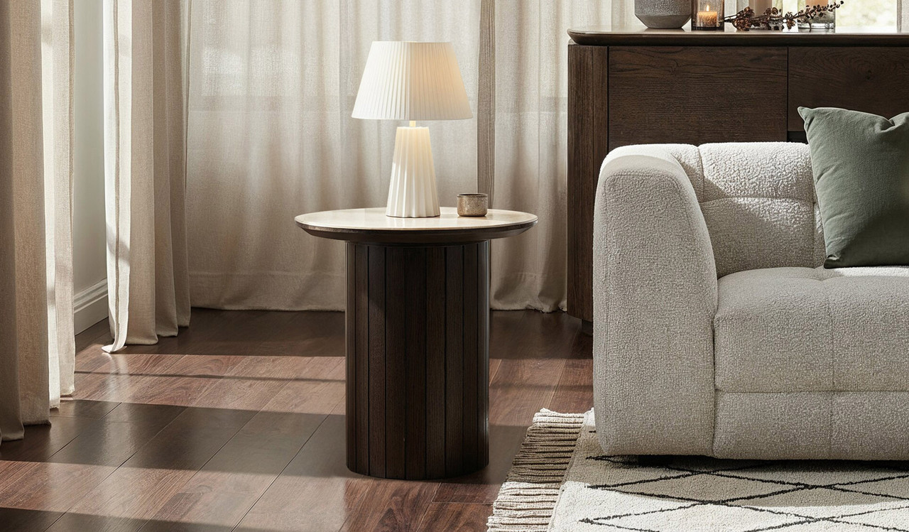 Armano lamp table with dark oak base and travertine ceramic top, modern timber side table