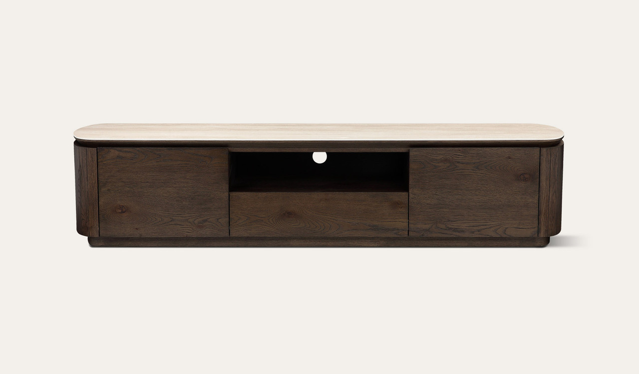 Armano entertainment unit in dark oak with travertine ceramic top and panelled detailing, modern timber TV cabinet with storage