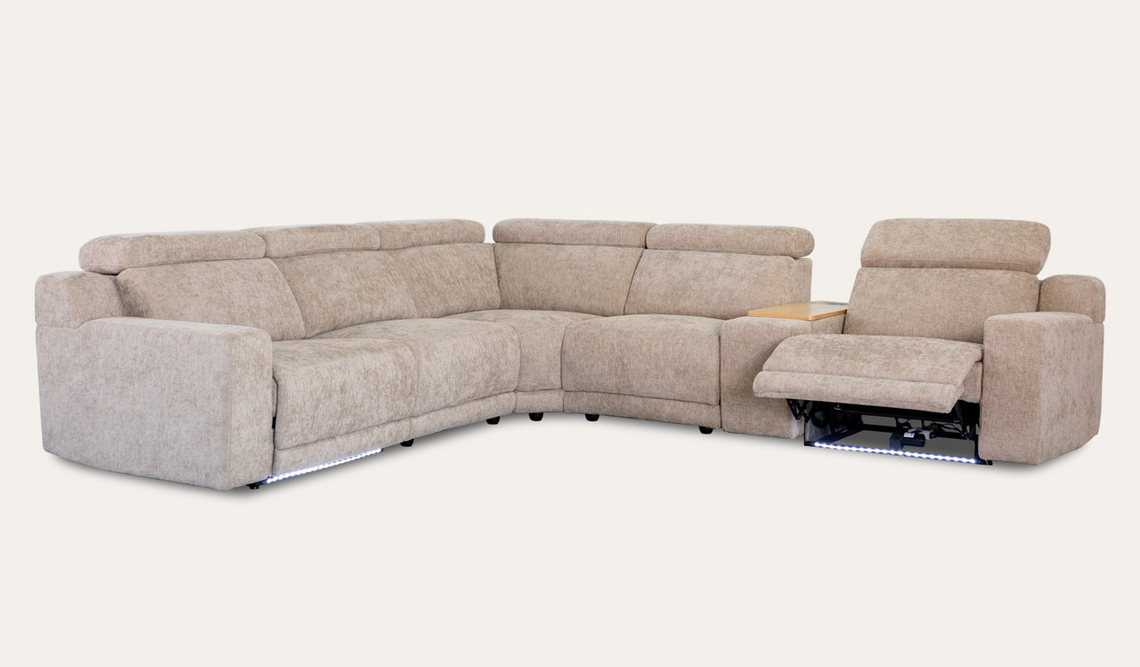 Clayton recliner corner lounge in a neutral fabric, featuring a spacious L-shape design with electric reclining seats.
