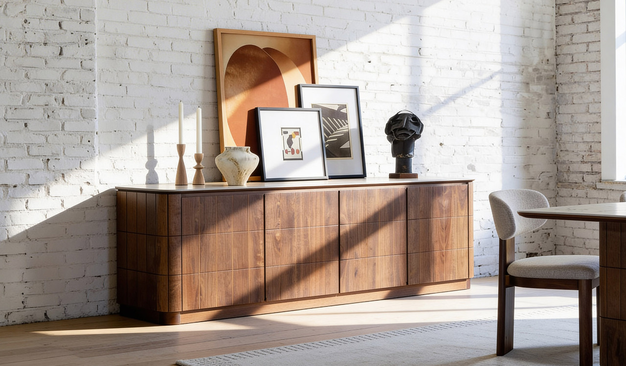 Montera buffet with a glossy marble-look sintered stone top and umber timber cabinetry, combining statement design with practical dining storage.