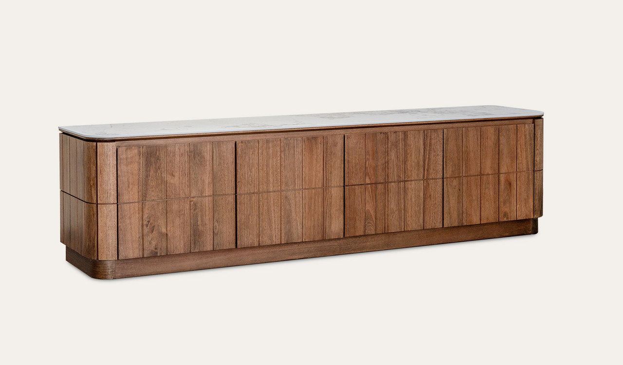 Montera buffet with a glossy marble-look sintered stone top and umber timber cabinetry, combining statement design with practical dining storage.