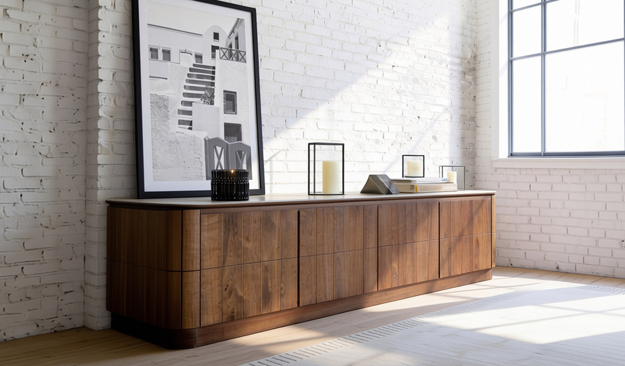 Montera buffet with a glossy marble-look sintered stone top and umber timber cabinetry, combining statement design with practical dining storage.