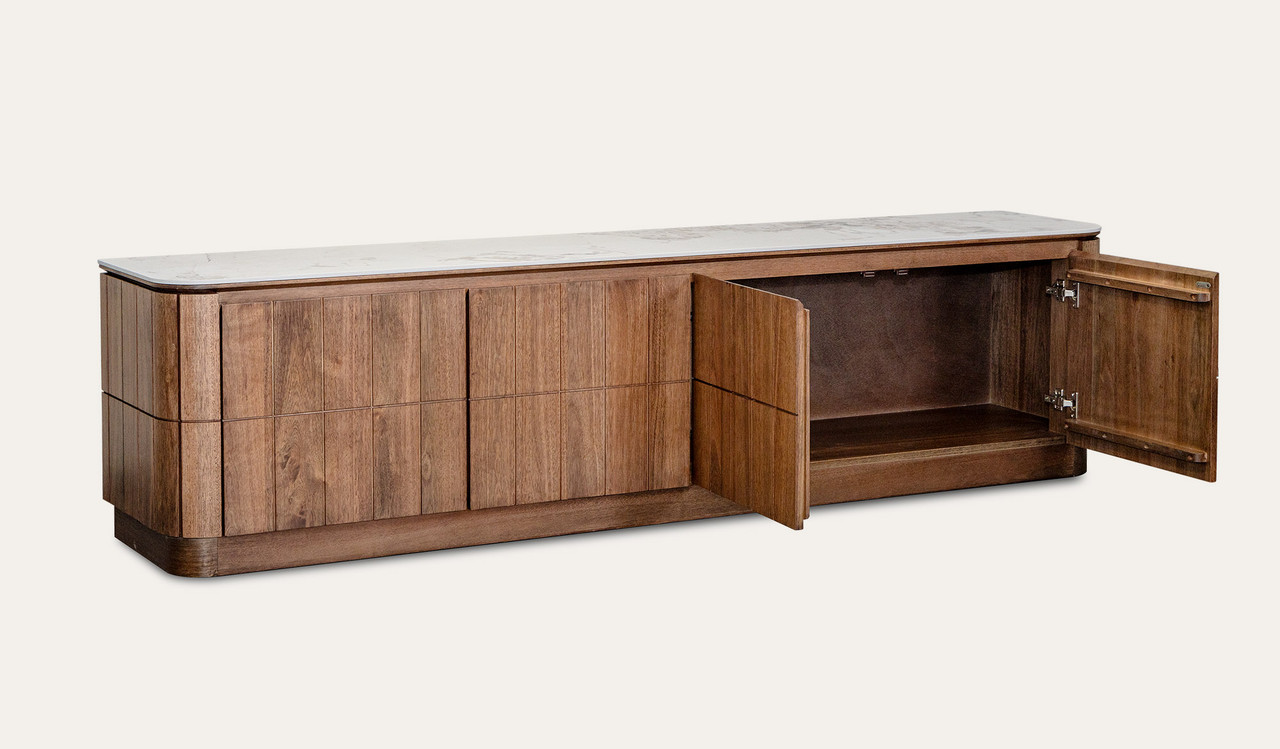 Montera buffet with a glossy marble-look sintered stone top and umber timber cabinetry, combining statement design with practical dining storage.