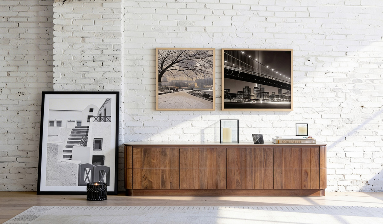 Montera buffet with a glossy marble-look sintered stone top and umber timber cabinetry, combining statement design with practical dining storage.