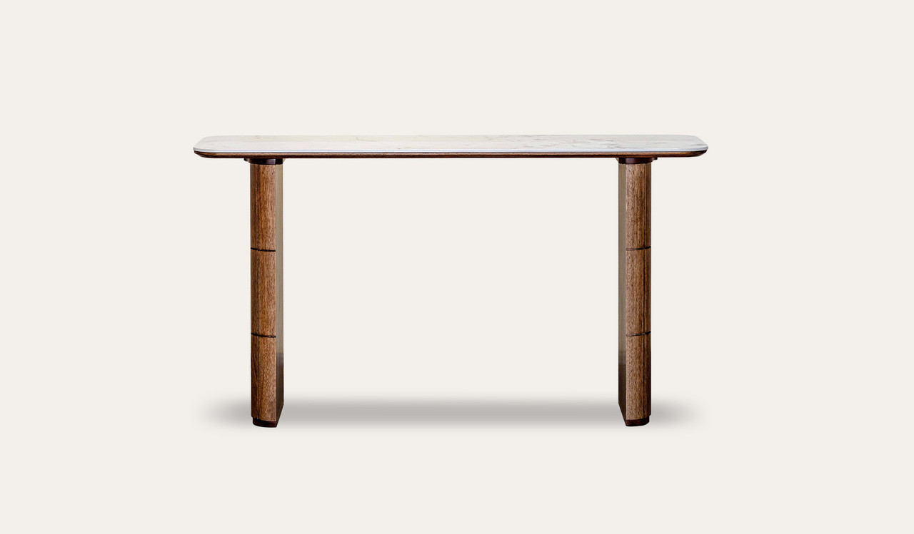 Montera hall table featuring a marble-look sintered stone top with rich umber timber base, adding a refined statement to entryways and hall spaces.