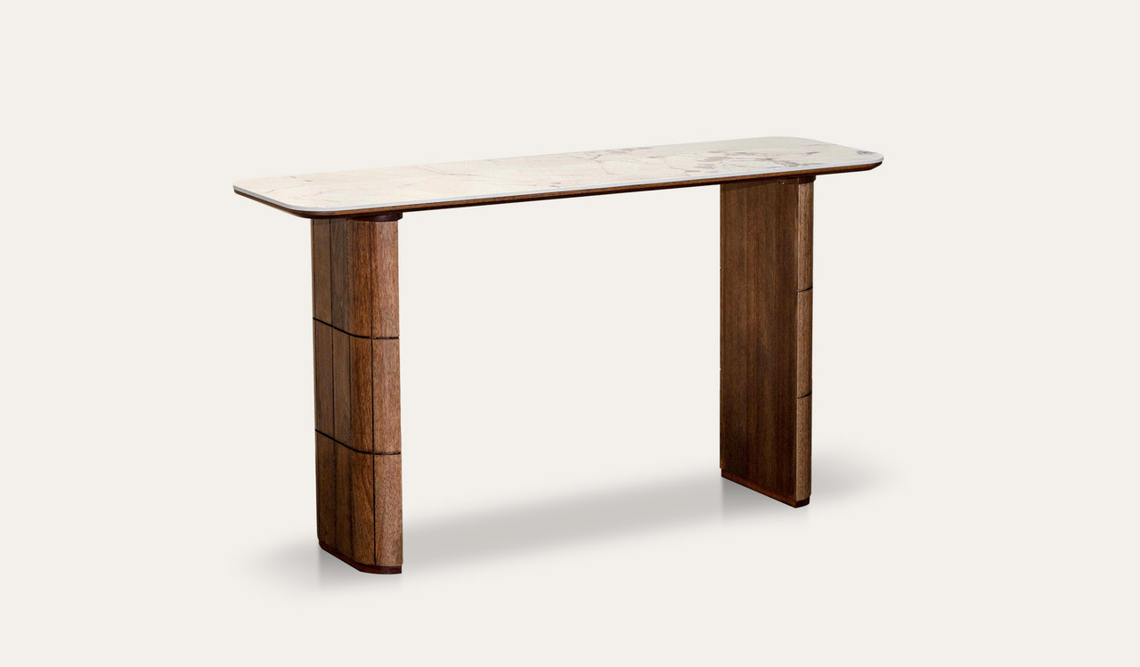 Montera hall table featuring a marble-look sintered stone top with rich umber timber base, adding a refined statement to entryways and hall spaces.