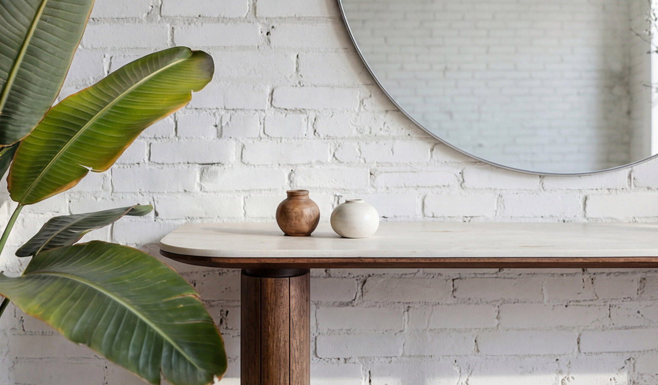 Montera hall table featuring a marble-look sintered stone top with rich umber timber base, adding a refined statement to entryways and hall spaces.