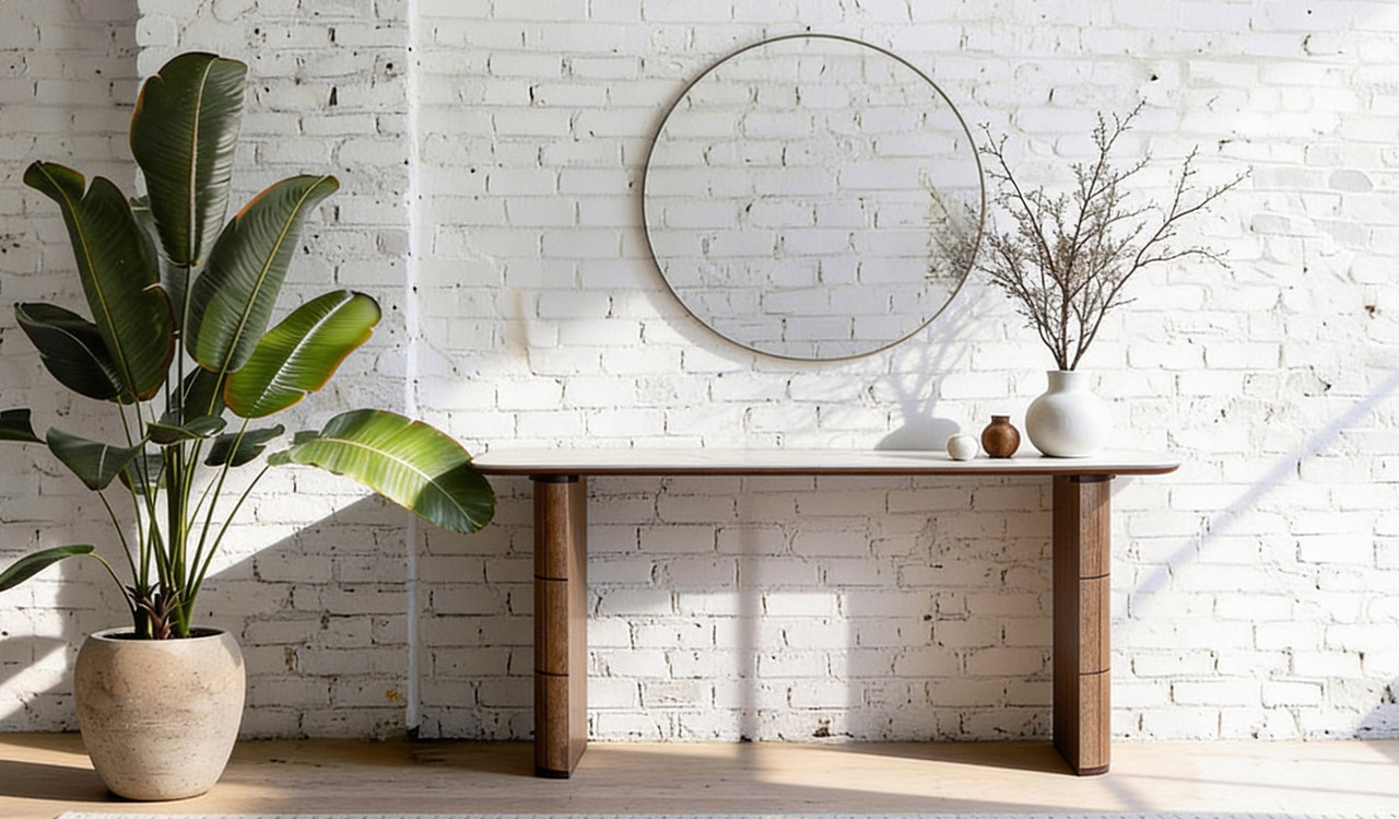 Montera hall table featuring a marble-look sintered stone top with rich umber timber base, adding a refined statement to entryways and hall spaces.