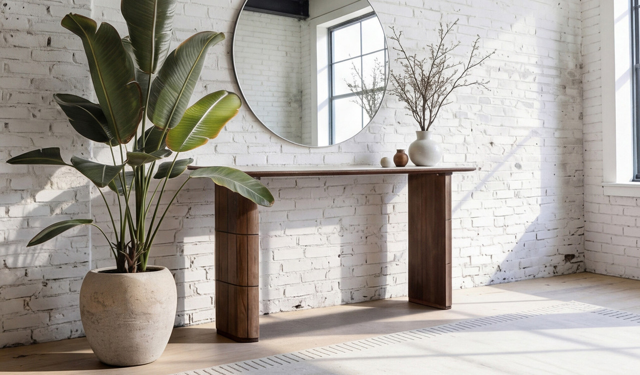 Montera hall table featuring a marble-look sintered stone top with rich umber timber base, adding a refined statement to entryways and hall spaces.