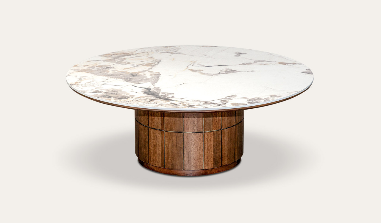 Montera coffee table with glossy marble-look sintered stone top and umber timber base, designed to bring modern texture and elegance to living rooms.