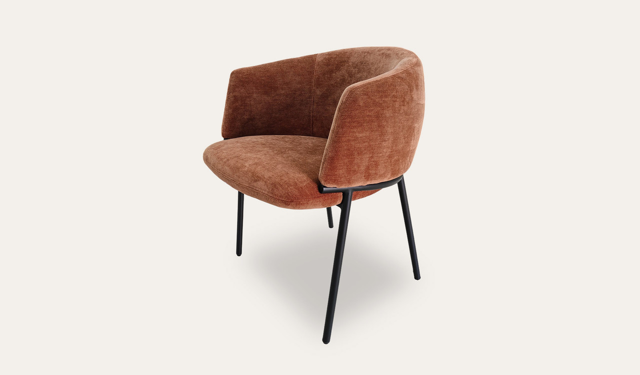 Mila dining chair with soft upholstery, curved wraparound backrest and slim black metal legs, designed for modern dining spaces.