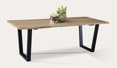 Archie dining table in solid messmate timber with live edge detail and black metal legs, modern timber dining table