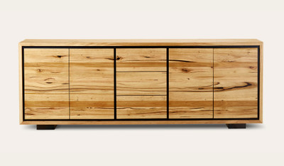 Eden large buffet in sustainable Australian messmate timber with sleek modern edges and black detailing, modern timber storage cabinet