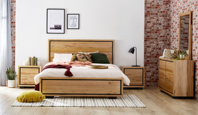 Eden dresser suite in Australian messmate timber with black detailing, modern bedroom storage with drawers and mirror
