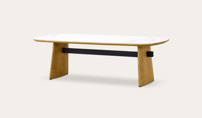 Cara coffee table with matte white carrara-look ceramic top and natural oak finish, contemporary round coffee table