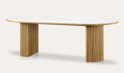 Eclipse dining table with travertine ceramic top, ash mountain grain detail, and half column slatted base in matte black or natural finish