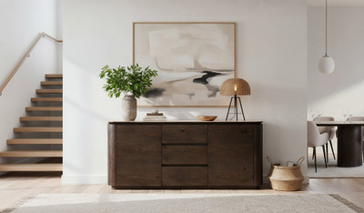 Armano buffet in rich dark oak with ceramic top and panelled design, contemporary timber storage cabinet