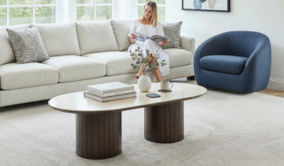 Armano coffee table in dark oak with travertine ceramic top, modern timber living room furniture