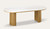 Eclipse dining table with travertine ceramic top, ash mountain grain detail, and half column slatted base in matte black or natural finish
