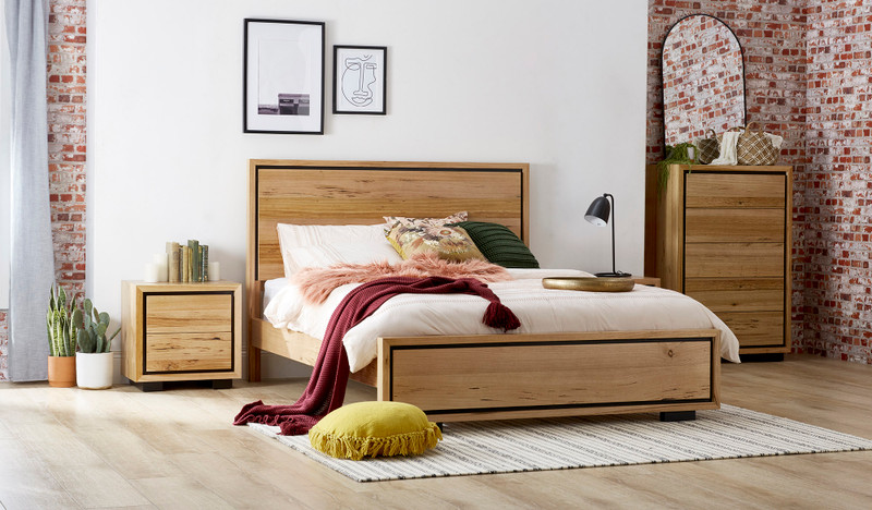 Eden tallboy suite in Australian messmate timber with black detailing, modern bedroom suite with tallboy and storage drawers