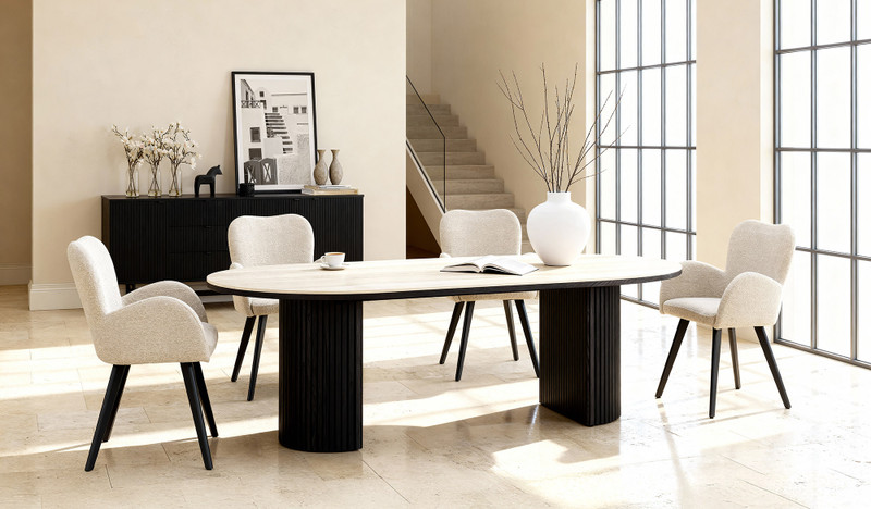 Eclipse travertine top dining table black base