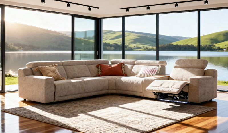 Clayton recliner corner lounge in a neutral fabric, featuring a spacious L-shape design with electric reclining seats.