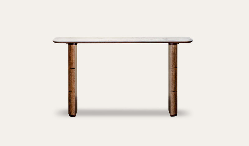 Montera hall table featuring a marble-look sintered stone top with rich umber timber base, adding a refined statement to entryways and hall spaces.