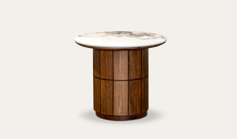 Montera lamp table featuring a marble-look sintered stone top with umber timber base, creating a stylish and functional accent for contemporary living spaces.