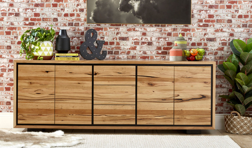 Eden large buffet in sustainable Australian messmate timber with sleek modern edges and black detailing, modern timber storage cabinet