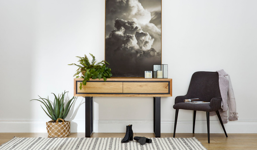 Eden hall table in sustainable Australian messmate timber with sleek modern edges and black detailing, contemporary timber console table