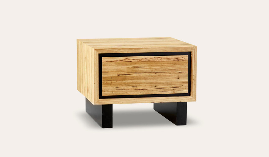 Eden lamp table in sustainable Australian messmate timber with sleek modern edges and black detailing, contemporary timber side table