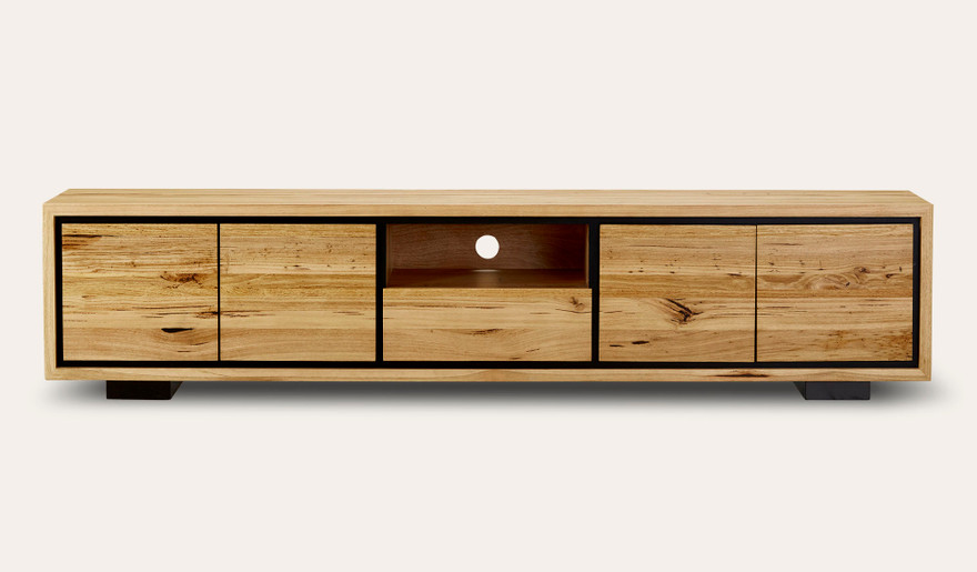 Eden large entertainment unit in Australian messmate timber with black detailing, modern wooden TV cabinet with storage drawers and shelves