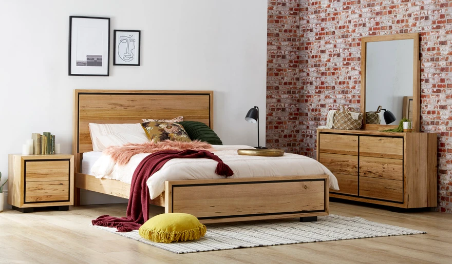 Eden dresser suite in Australian messmate timber with black detailing, modern bedroom storage with drawers and mirror