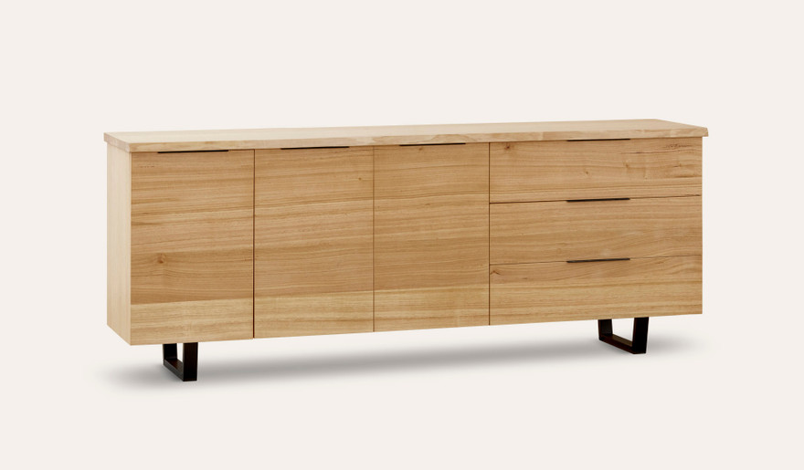 Braxton buffet in solid messmate timber with black metal legs and three storage drawers