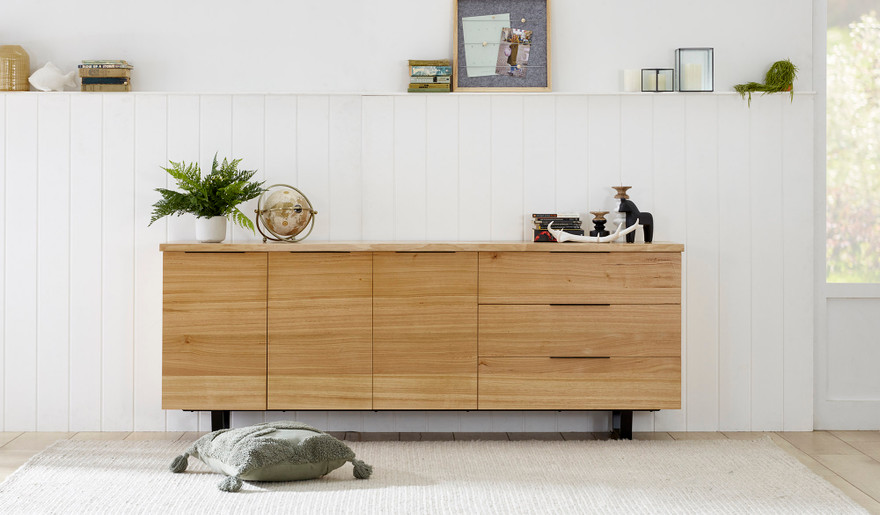 Braxton buffet in solid messmate timber with black metal legs and three storage drawers