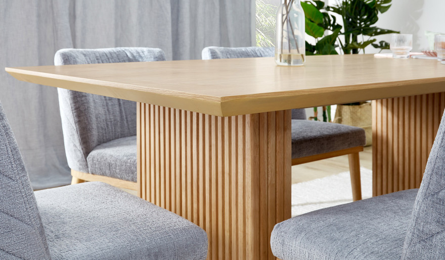 Denmark dining table in natural oak with matte clear finish and slatted timber legs, modern timber dining table