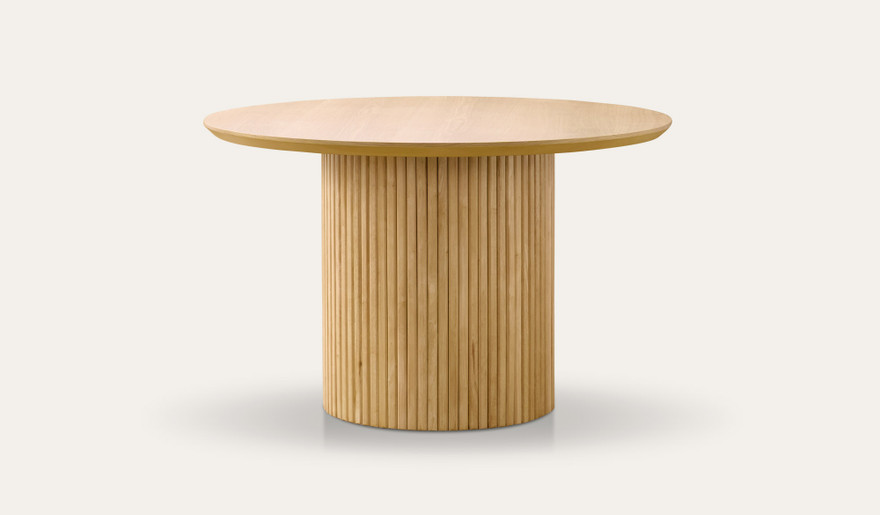 Denmark round dining table in natural oak with matte clear finish and slatted timber legs, modern timber dining table