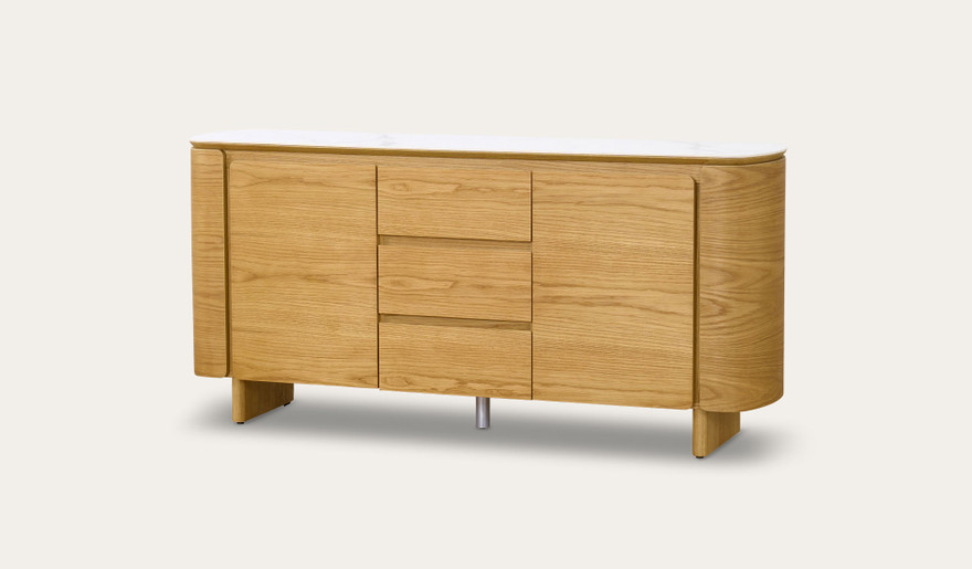 Cara buffet with matte white carrara-look ceramic top, natural oak finish, three soft-close drawers and two doors with internal shelf, 1600mm wide