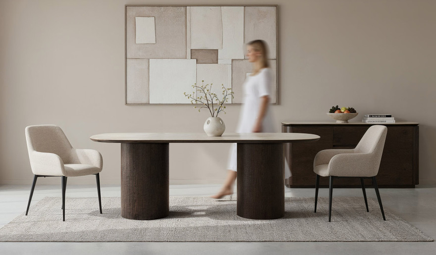 Armano dining table with travertine ceramic top and dark oak panelled base, bold modern timber dining furniture