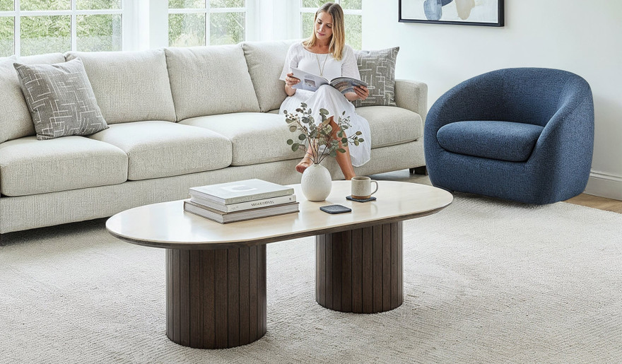 Armano coffee table in dark oak with travertine ceramic top, modern timber living room furniture