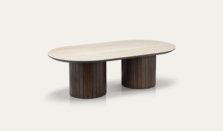 Armano coffee table in dark oak with travertine ceramic top, modern timber living room furniture
