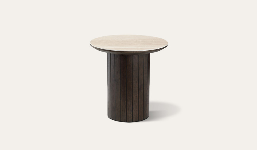 Armano lamp table with dark oak base and travertine ceramic top, modern timber side table