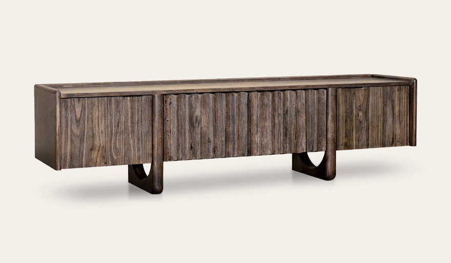 Alira ash timber entertainment unit with organic contours and textured timber detailing, combining solid ash timber and ash veneer for a refined look.
