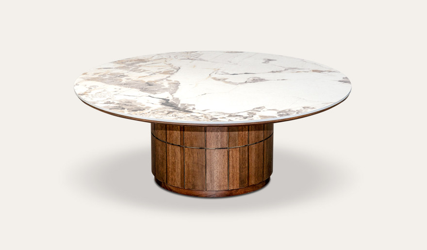 Montera coffee table with glossy marble-look sintered stone top and umber timber base, designed to bring modern texture and elegance to living rooms.