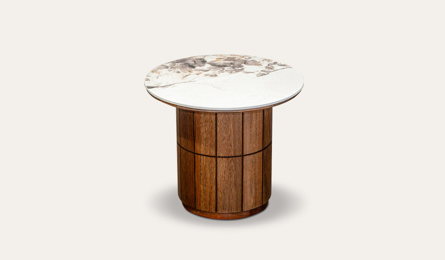 Montera lamp table featuring a marble-look sintered stone top with umber timber base, creating a stylish and functional accent for contemporary living spaces.