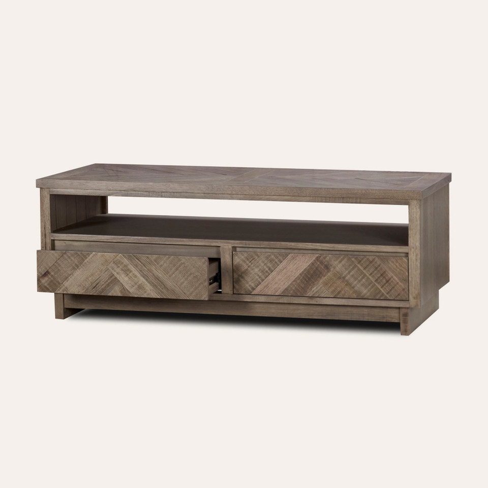 Chevron coffee table in Tasmanian oak timber with chevron patterned design and natural finish, modern timber coffee table