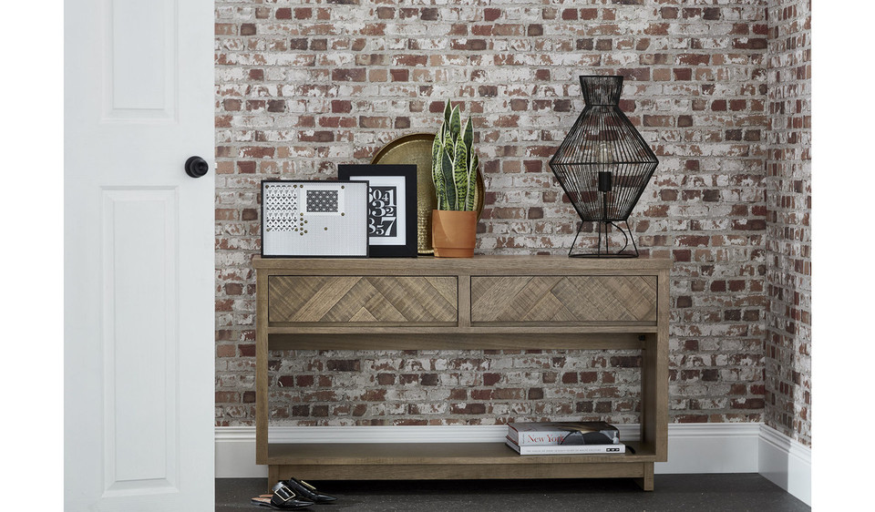 Chevron hall table in Tasmanian oak timber with chevron patterned design and natural finish, modern timber console table